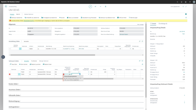 Screenshot von Packregeln in Freshfin