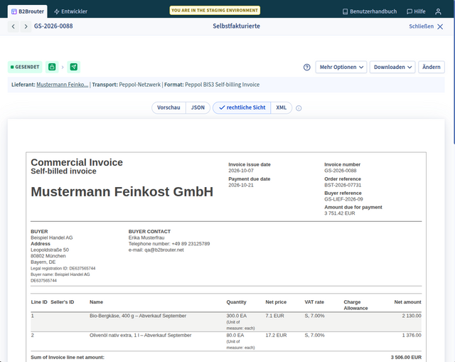 Screenshot B2Brouter: Rechtliche Sicht einer Self-Billing E-Rechnung