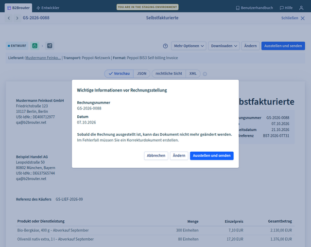 Screenshot B2Brouter: Verschicken einer Self-Billing E-Rechnung über das Peppol-Netzwerk