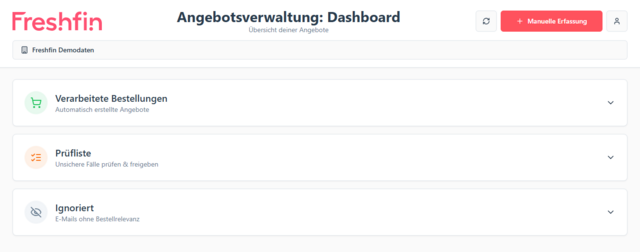 Screenshot des Freshfin KI-Belegassistenten: Übersicht des Dashboards