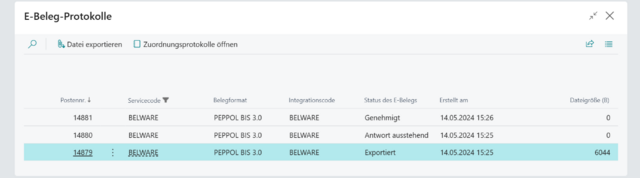 Screenshot vom E-Beleg-Protokoll in BELWARE Connector365 E-Documents