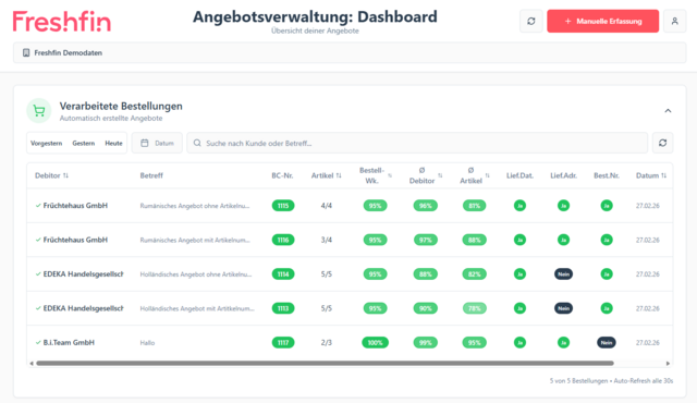 Screenshot des Freshfin KI-Belegassistenten: Übersicht der Angebotsverwaltung