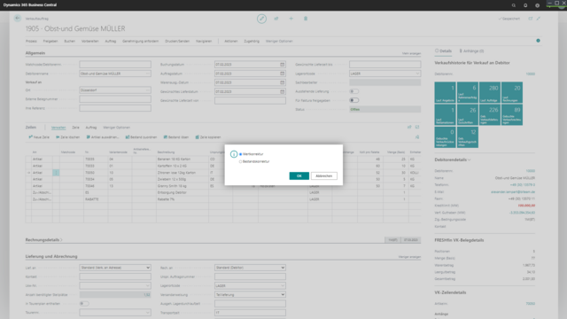 Screenshot von der Retourenabwicklung mit ERP-Software für den Fruchtgroßhandel