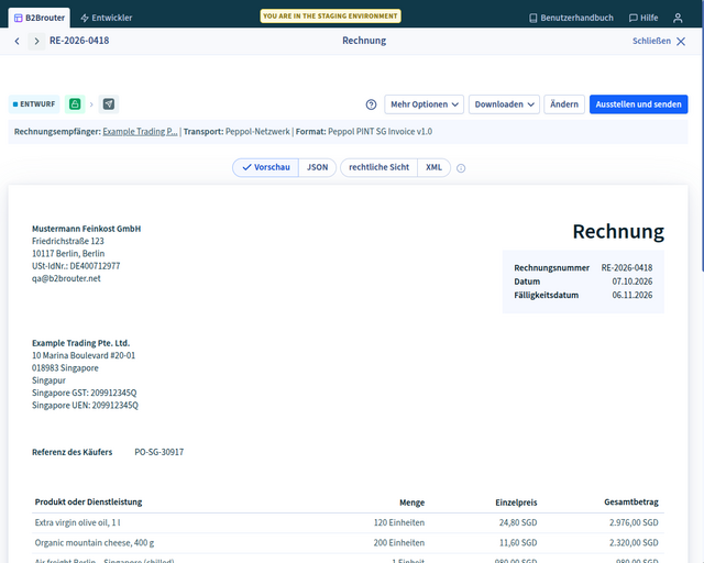 Screenshot B2Brouter: Internationale E-Rechnung mit Peppol PINT