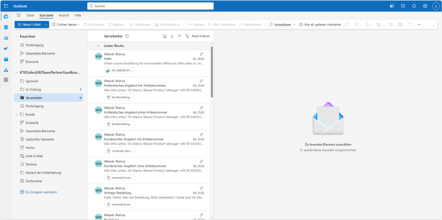 Screenshot von einem zentralen Outlook-E-Mail-Postfach