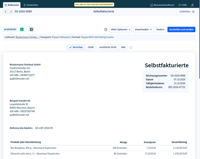 Screenshot B2Brouter: Vorschau einer Self-Billing E-Rechnung