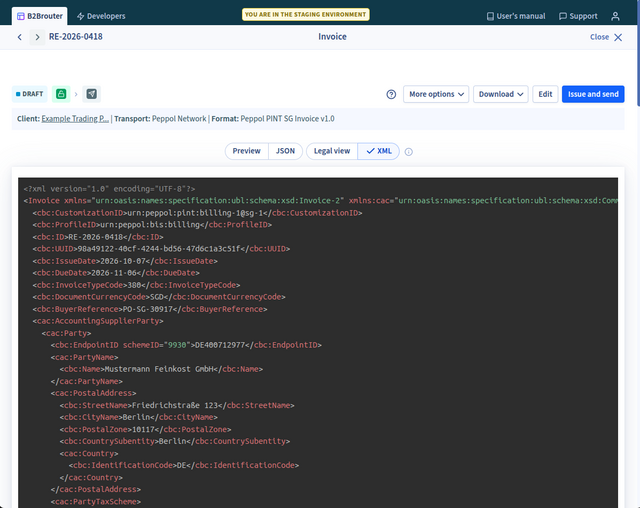 Screenshot B2Brouter: XML-Code einer E-Rechnung mit Peppol PINT