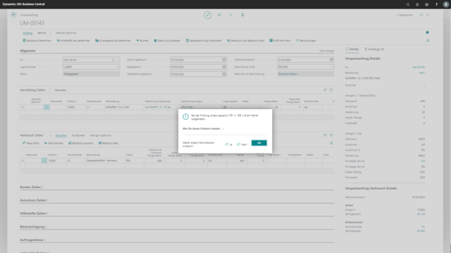 Screenshot von Packregeln in Freshfin
